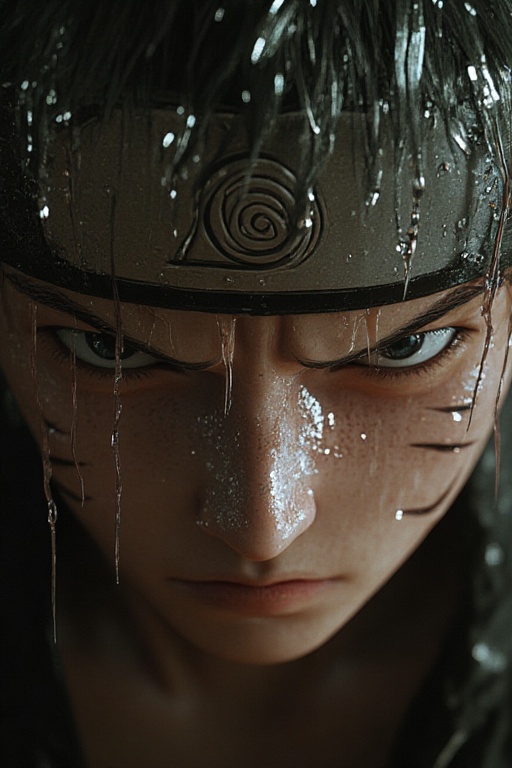Ultra-realistic Naruto character,  close-up of a Naruto with wet skin and hair dripping in rain,  sharp facial expression...