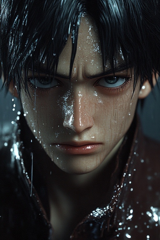Ultra-realistic Levi Ackerman Attack on Titan character,  close-up of Levi with his wet black hair slightly disheveled und...