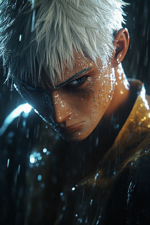 Ultra-realistic Gojo Satoru Jujutsu Kaisen character,  close-up shot in heavy rain,  wet white hair glowing under the dram...