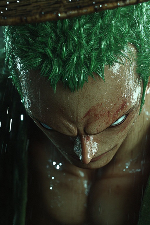 Ultra-realistic Zoro One Piece character,  close-up of Zoro standing under heavy rain,  his wet green hair glistening on T...