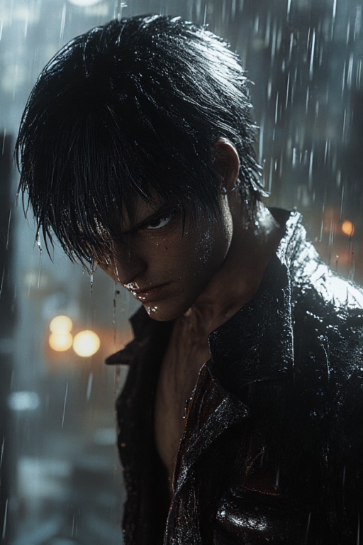 Ultra-realistic Levi Ackerman Attack on Titan character,  close-up of Levi with his wet black hair slightly disheveled und...
