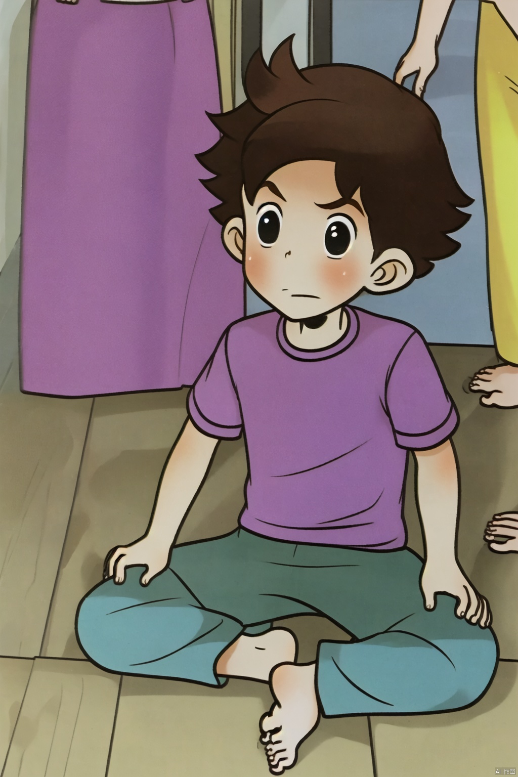 brown hair, 1boy, balck eyes,barefoot