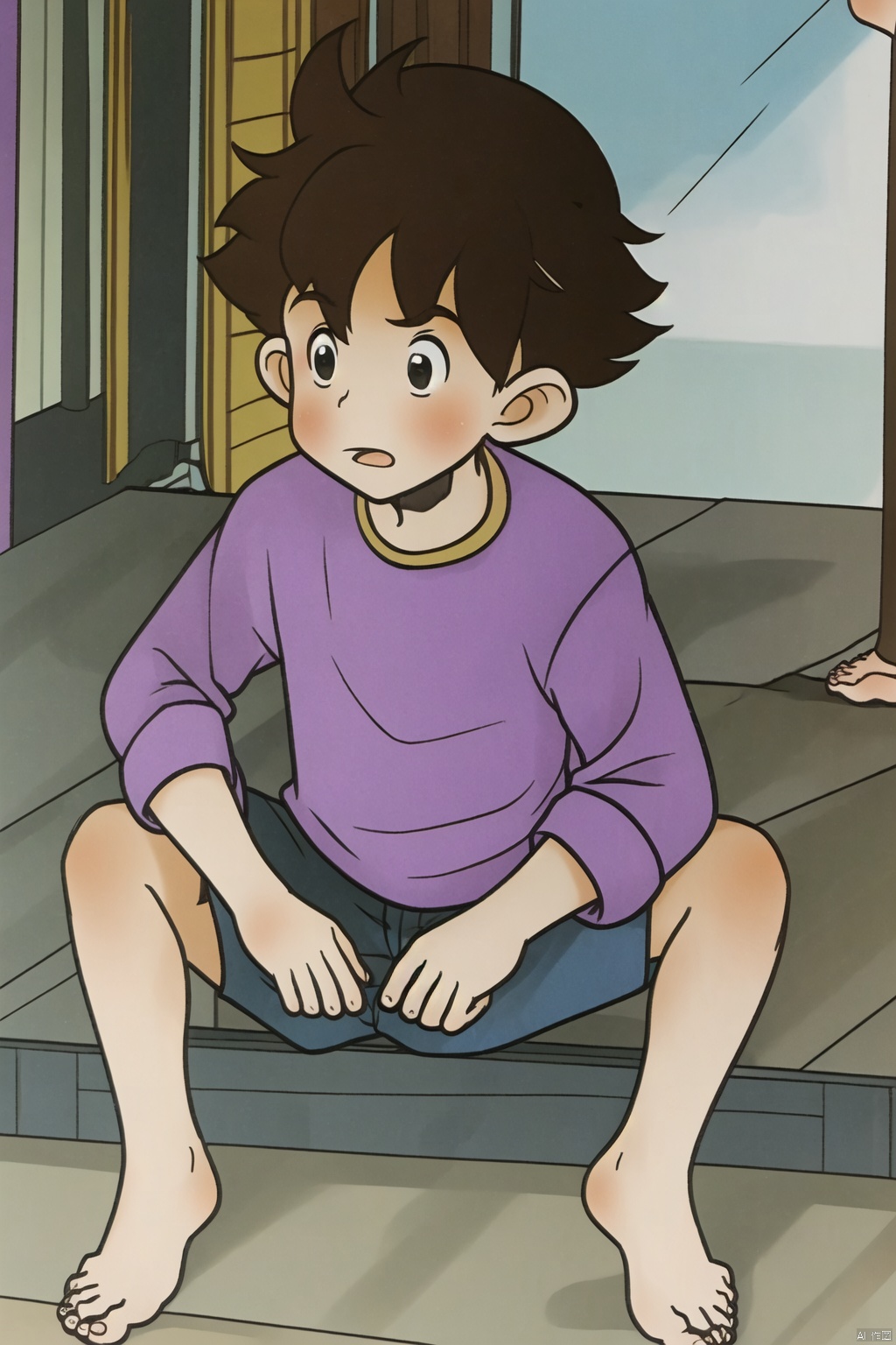 brown hair, 1boy, balck eyes,barefoot