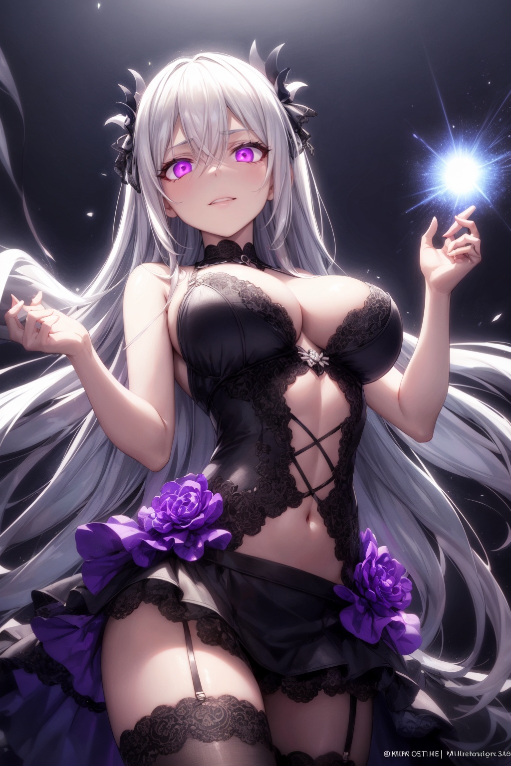 In a dark,  neon-lit demonic arena,  the fallen angel Cruel with piercing evil eyes ((without wings on her back: 1.2)) pos...