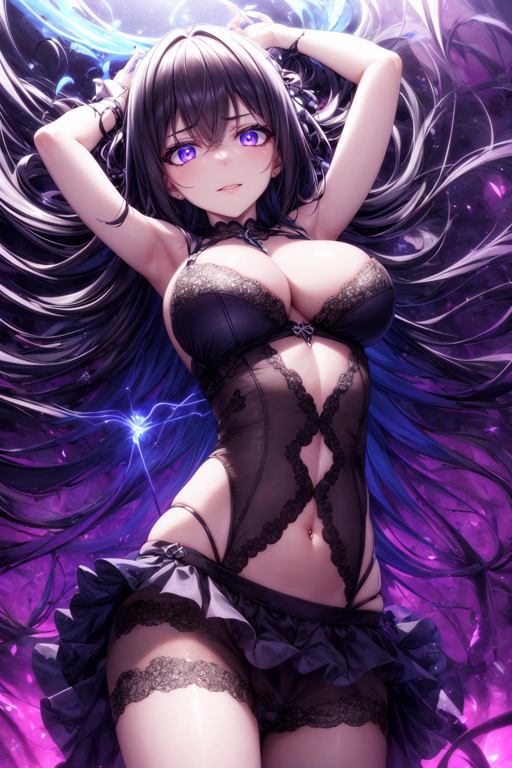 In a dark,  neon-lit demonic arena,  the fallen angel Cruel with piercing evil eyes ((without wings on her back: 1.2)) pos...