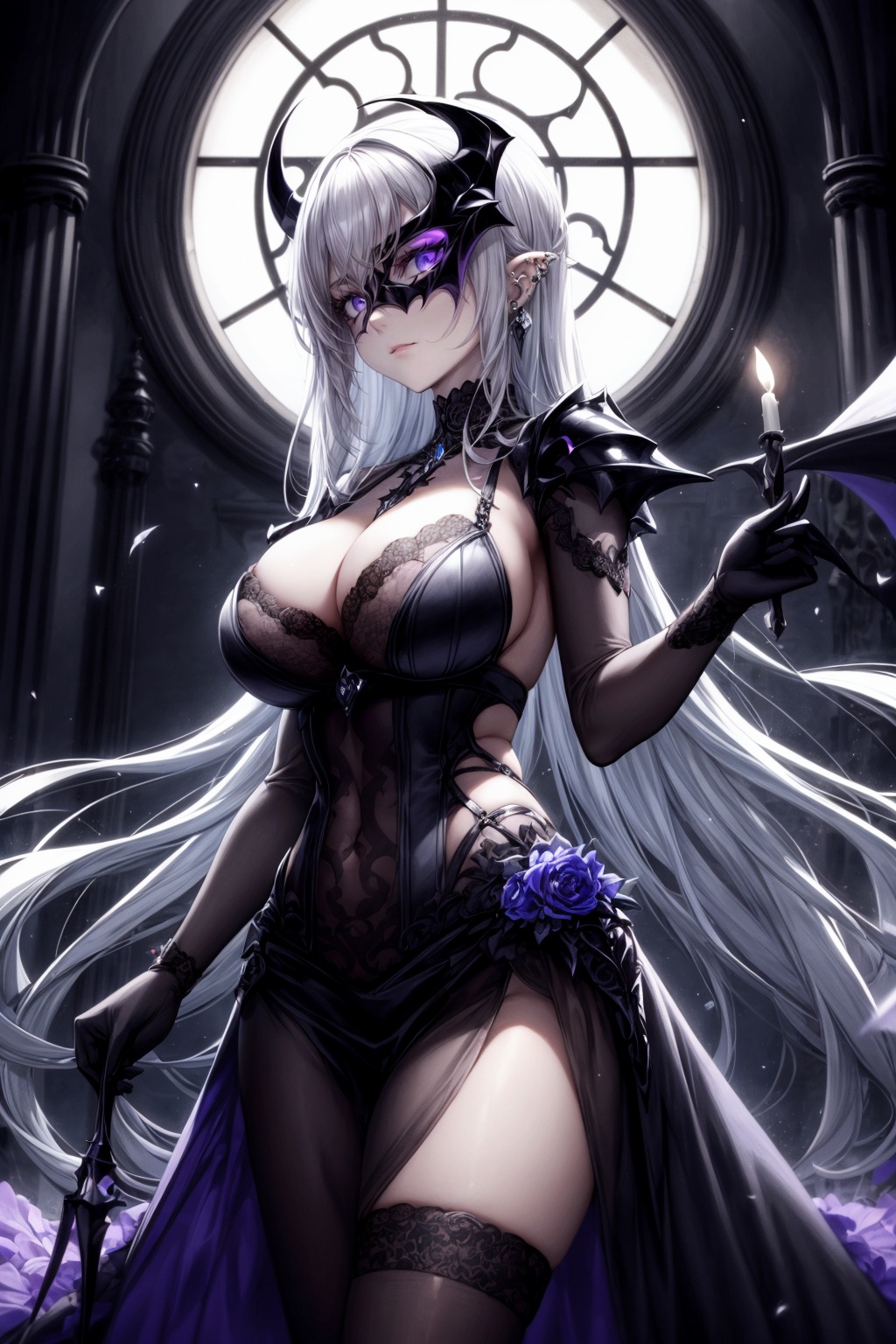 “An intricate dark fantasy character,  a regal woman with silver-white flowing hair and pale skin. She wears a black gothi...