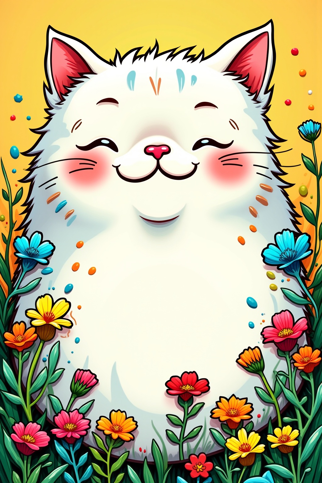 A cute white fat cat smiles in the style of Hergé, with flat comic colors, bold lines, and vivid colors in a simply detailed background of flowers and grasses.