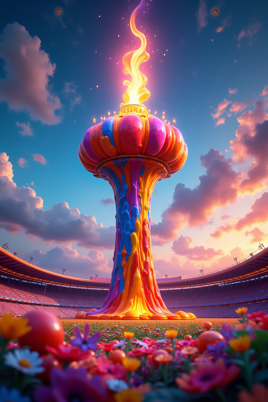 look up, There is a luxury building torch high above the playground, Jelly style, A pumpkin, Luxury texture, Stadium landscape, A flame rising from the top of the torch building, No expression emotional, no features, Colorful bright colors, vivid and cute atmosphere, 3Dmax, soft shadows, unbelievable vision, high quality photos