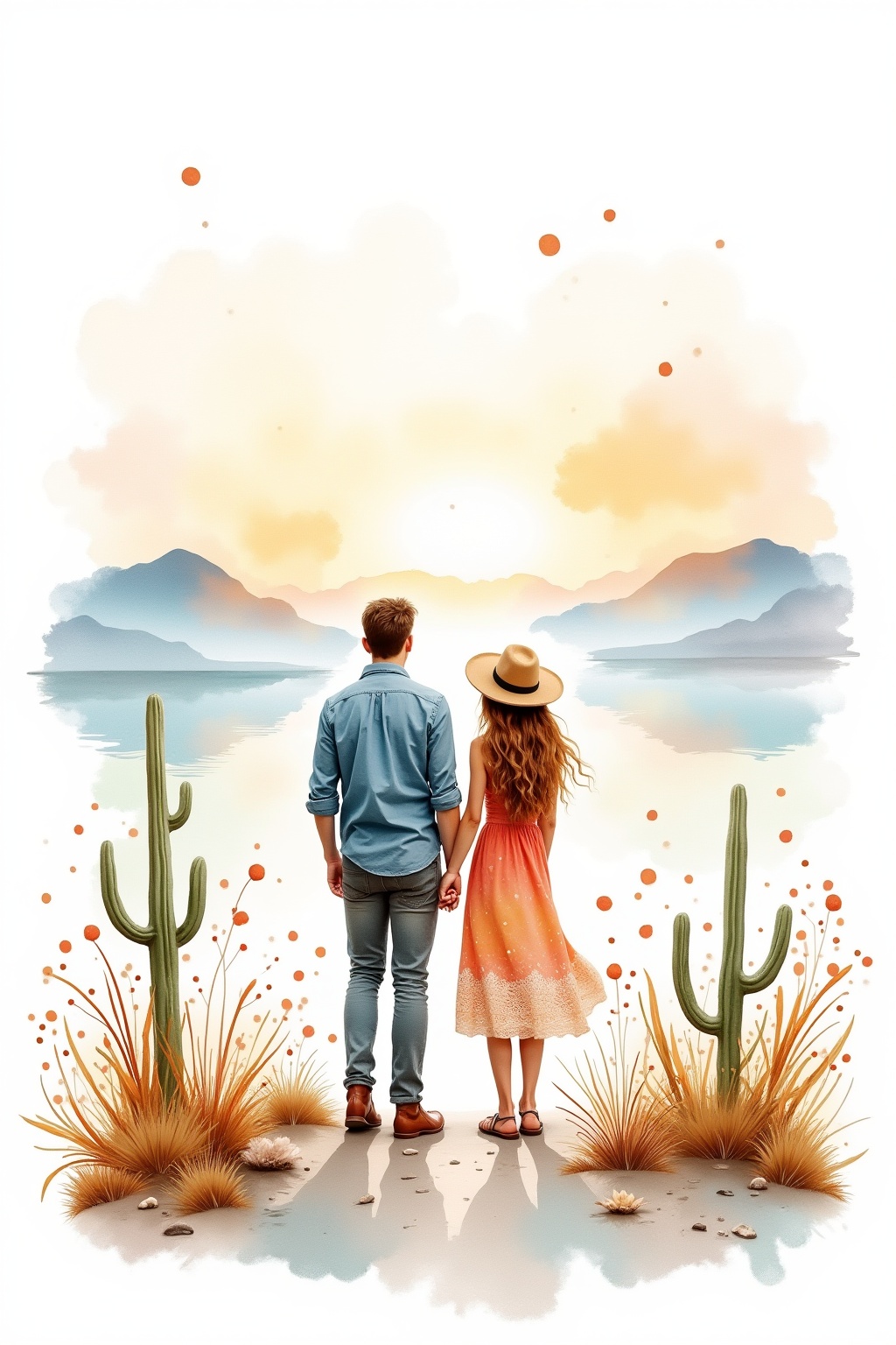 watercolor boho couple with a beautiful abstract landscape travel background for affirmation card elegant, white background