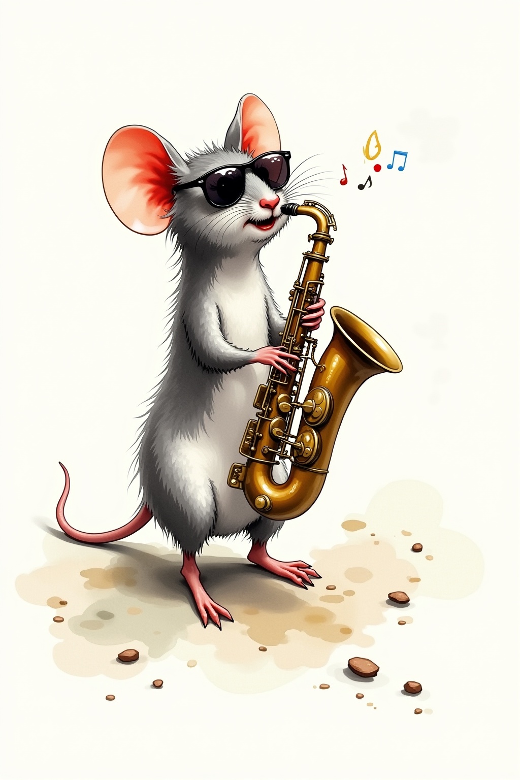 An expressive mouse in the style of traditional ink wash painting, passionately playing a saxophone. The mouse, wearing sunglasses, stands on its hind legs, fully immersed in the music. The fur is detailed with fluid brushstrokes, and the motion is captured with bold ink lines. The background is minimalistic, emphasizing the dynamic energy and intensity of the performance, with a focus on the mouse's expressive posture and the flow of the ink