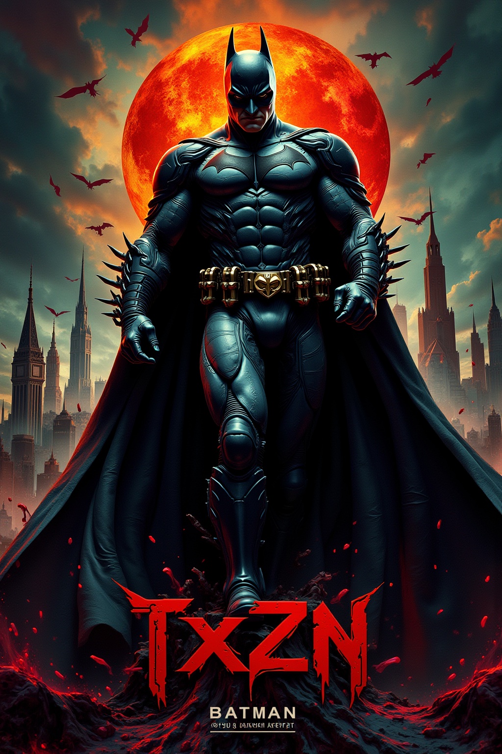 "TXZN" a horror movie poster of a batman the dark knight,