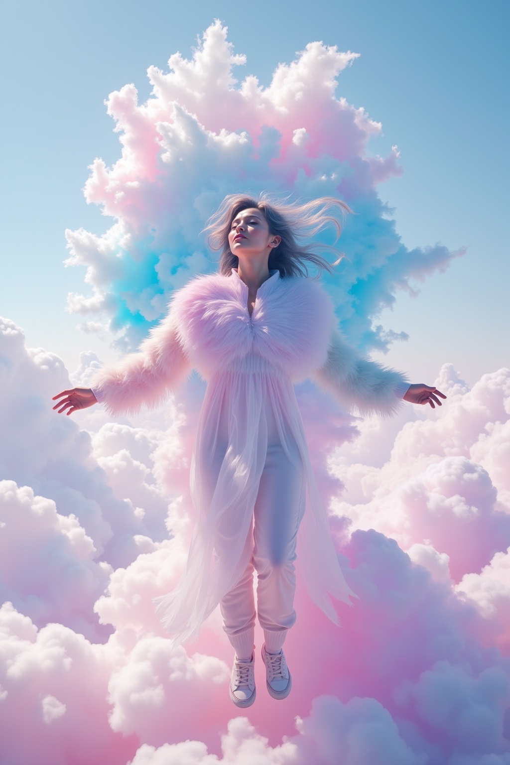 2D split vertical split image woman, floating on a cloud, lofi, vaporwave, pinks and blues, white woman, exhaling, breath of fresh air, movement, head in the clouds, Galactical,