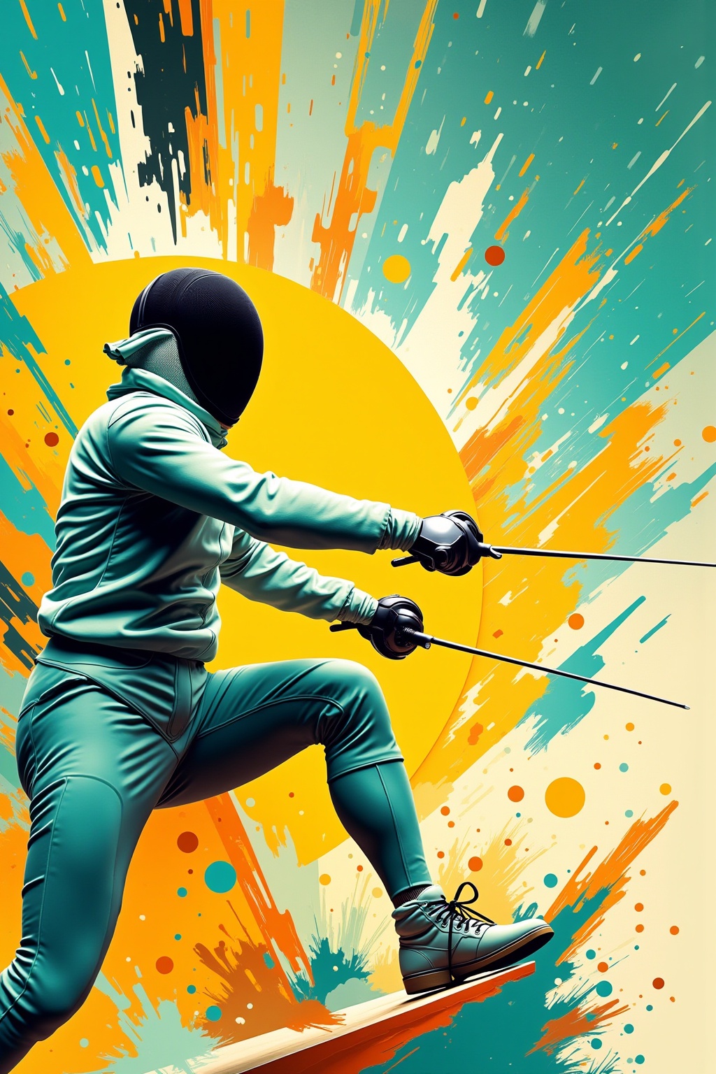 A retro-futuristic graphic design of fencing sport, with bold colors and geometric shapes, in the style of Bauhaus-inspired digital art. The background is a blend of teal tones and yellow accents, Sense of motion and energy. Combining modern aesthetics with vintage elements, striking composition