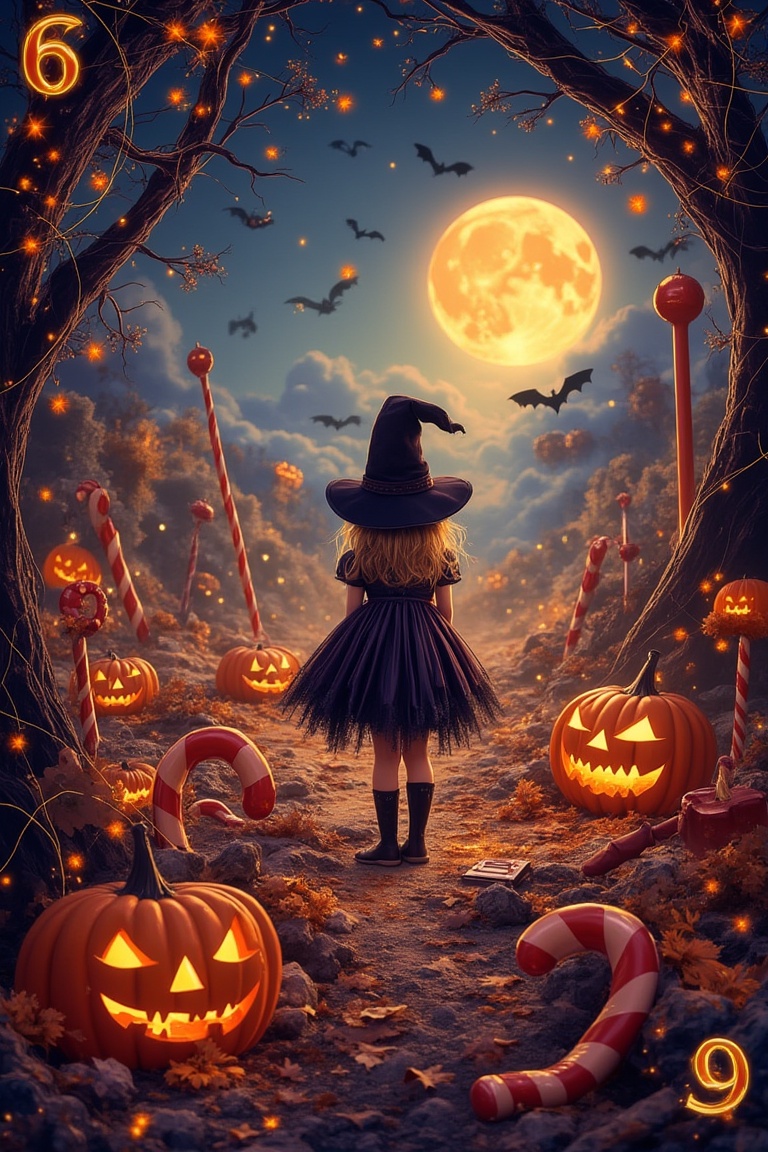 A Halloween playing card featuring a girl in a candy world with a Halloween theme. The girl,  dressed in a witch costume,...