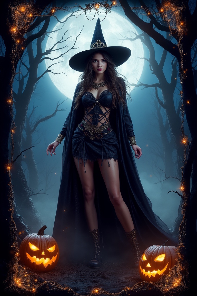A Halloween playing card featuring a woman in a festive Halloween costume. The woman,  dressed in a witch's outfit with a...