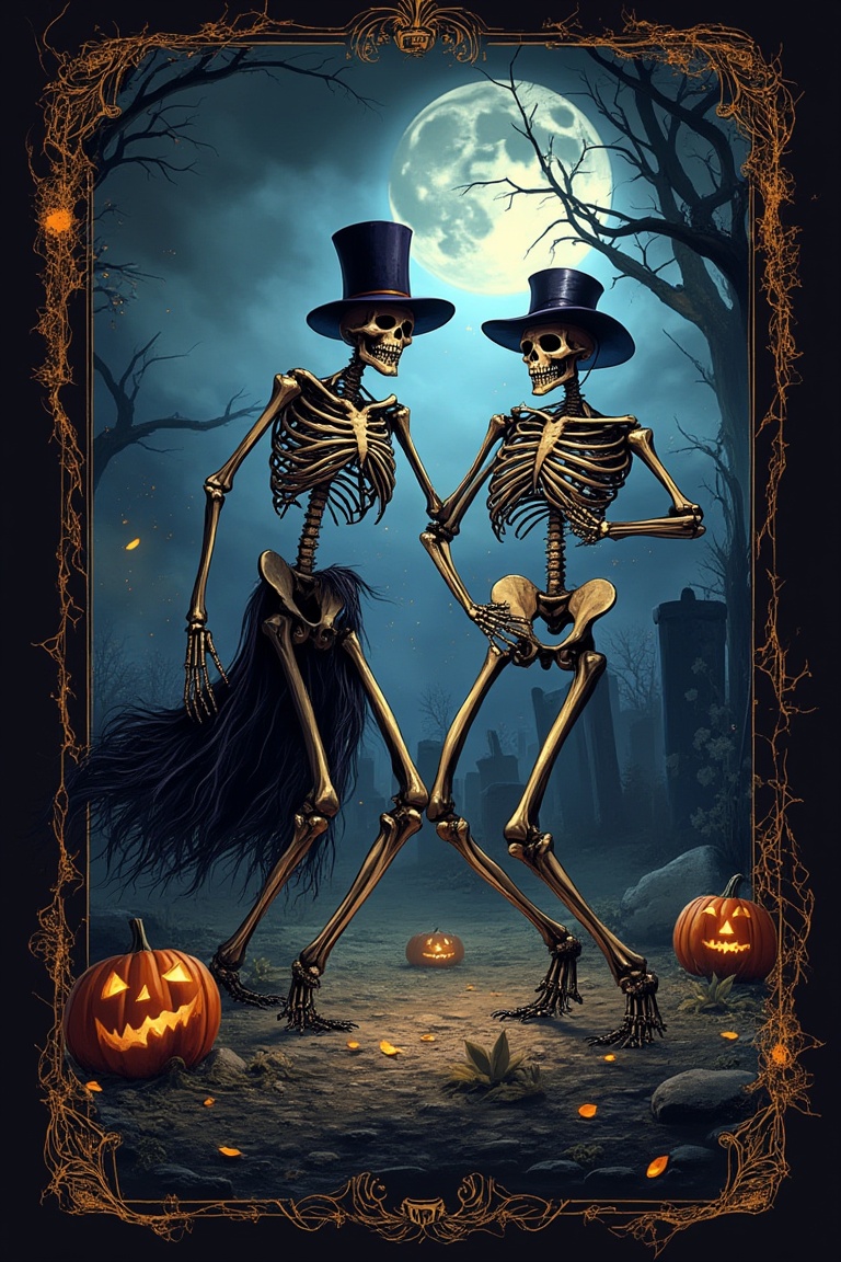 A Halloween playing card featuring skeletal figures dancing. The skeletons,  adorned with tattered clothing and top hats,...