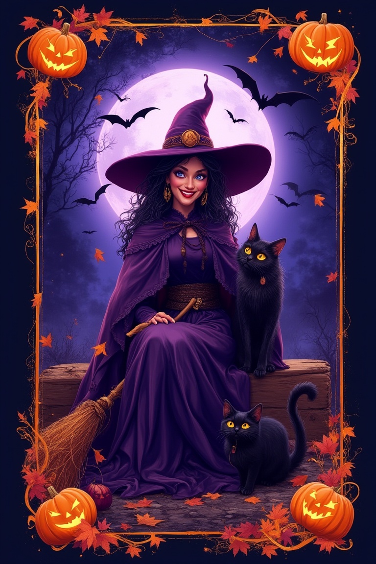 A vibrant Halloween playing card featuring a witch and black cat. The witch,  dressed in a flowing purple cloak with a poi...
