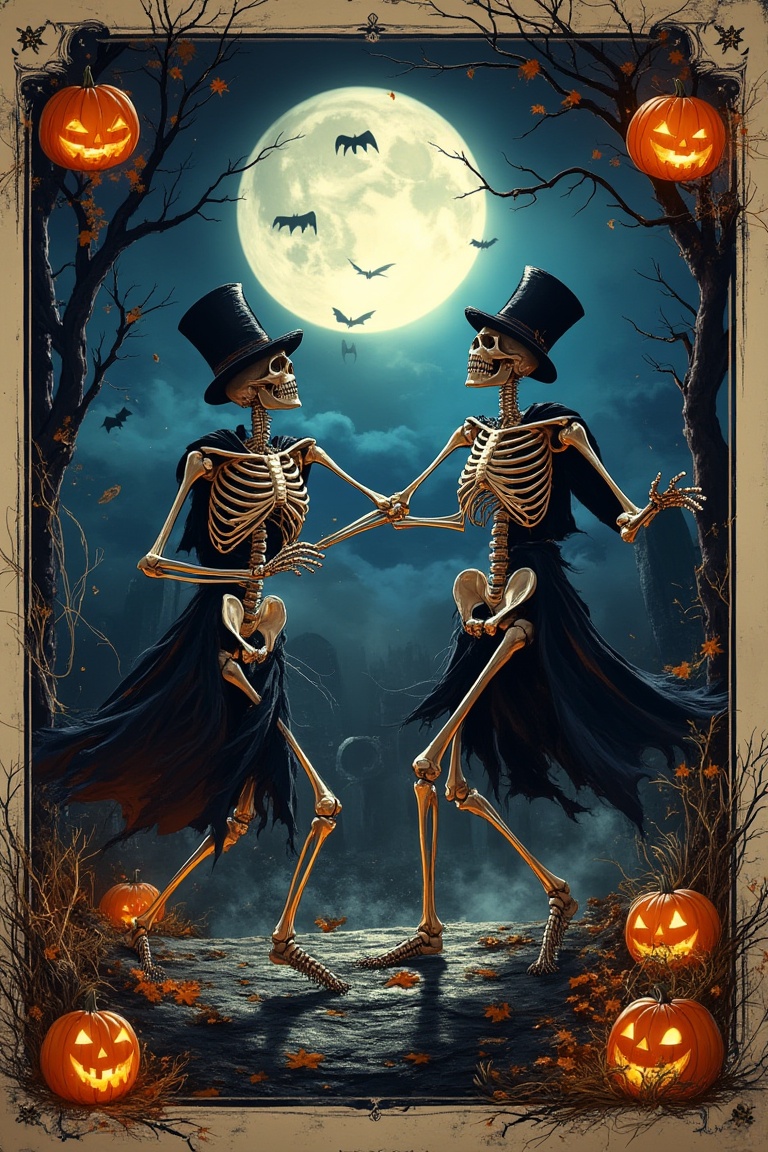 A Halloween playing card featuring skeletal figures dancing. The skeletons,  adorned with tattered clothing and top hats,...