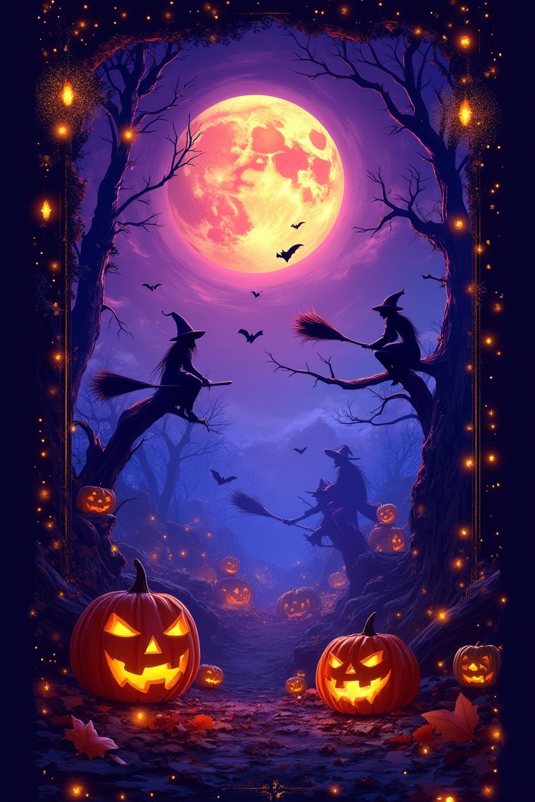 A Halloween playing card featuring a colorful glow full moon. The moon,  radiating vibrant hues of purple,  blue on Tensor...