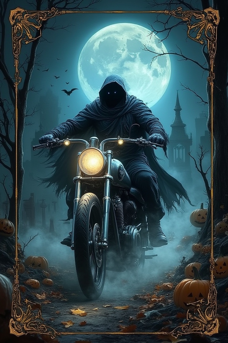 A Halloween playing card featuring a ghost rider. The ghostly figure,  clad in a flowing cloak and riding a spectral motor...