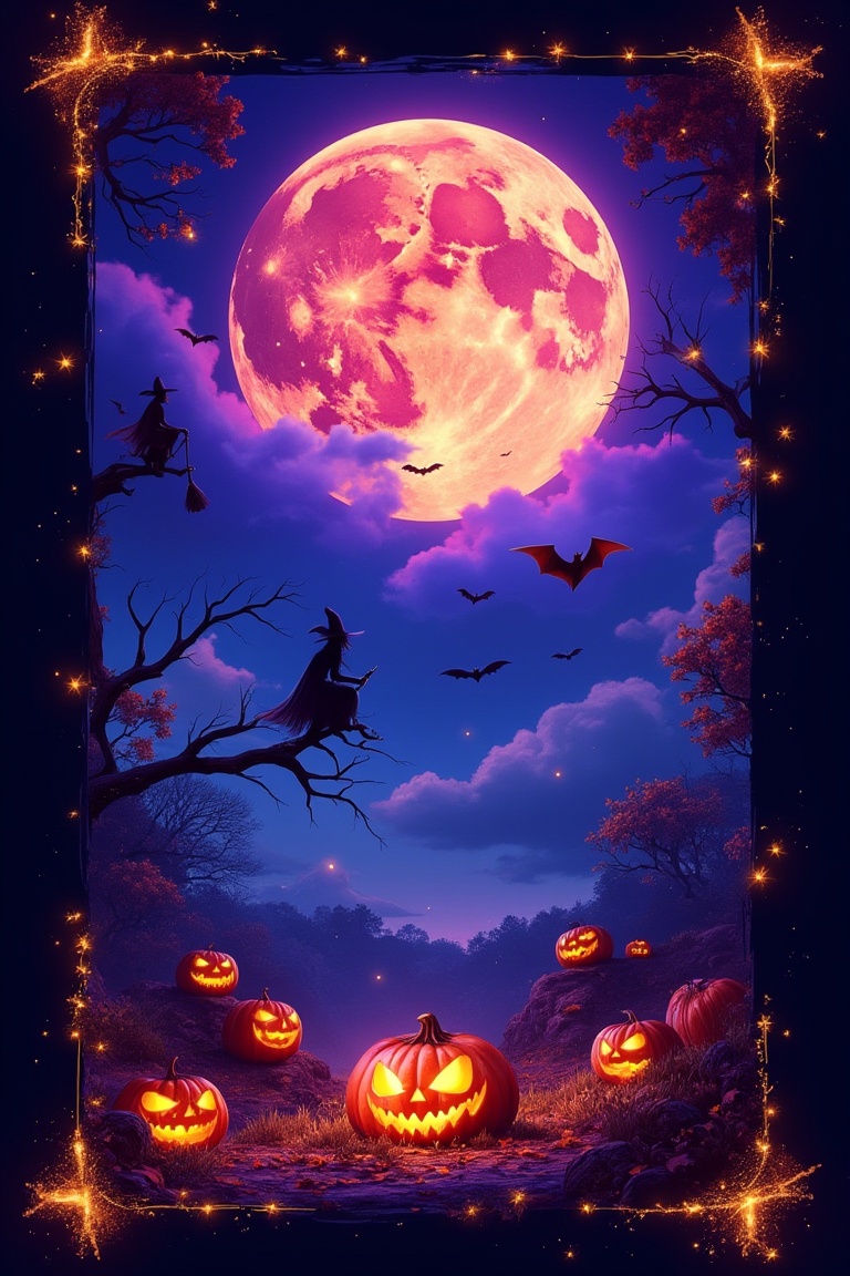 A Halloween playing card featuring a colorful glow full moon. The moon,  radiating vibrant hues of purple,  blue on Tensor...