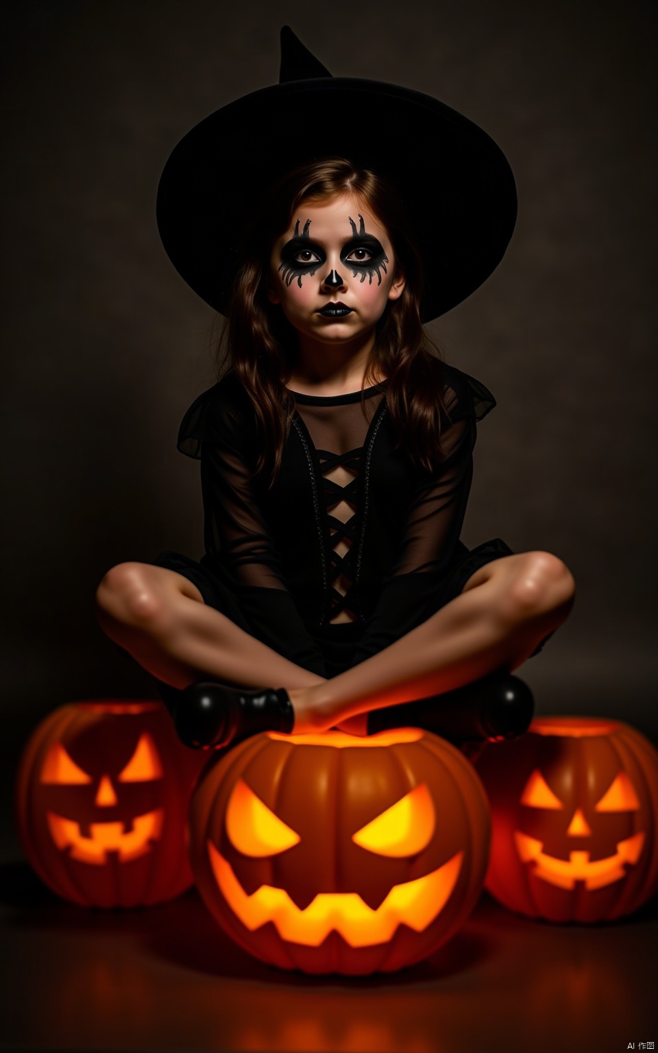 Halloween makeup,a girl sitting on a pumpkin lantern with her legs crossed and wearing a witch's hat,a grim expression,a full-body photo,