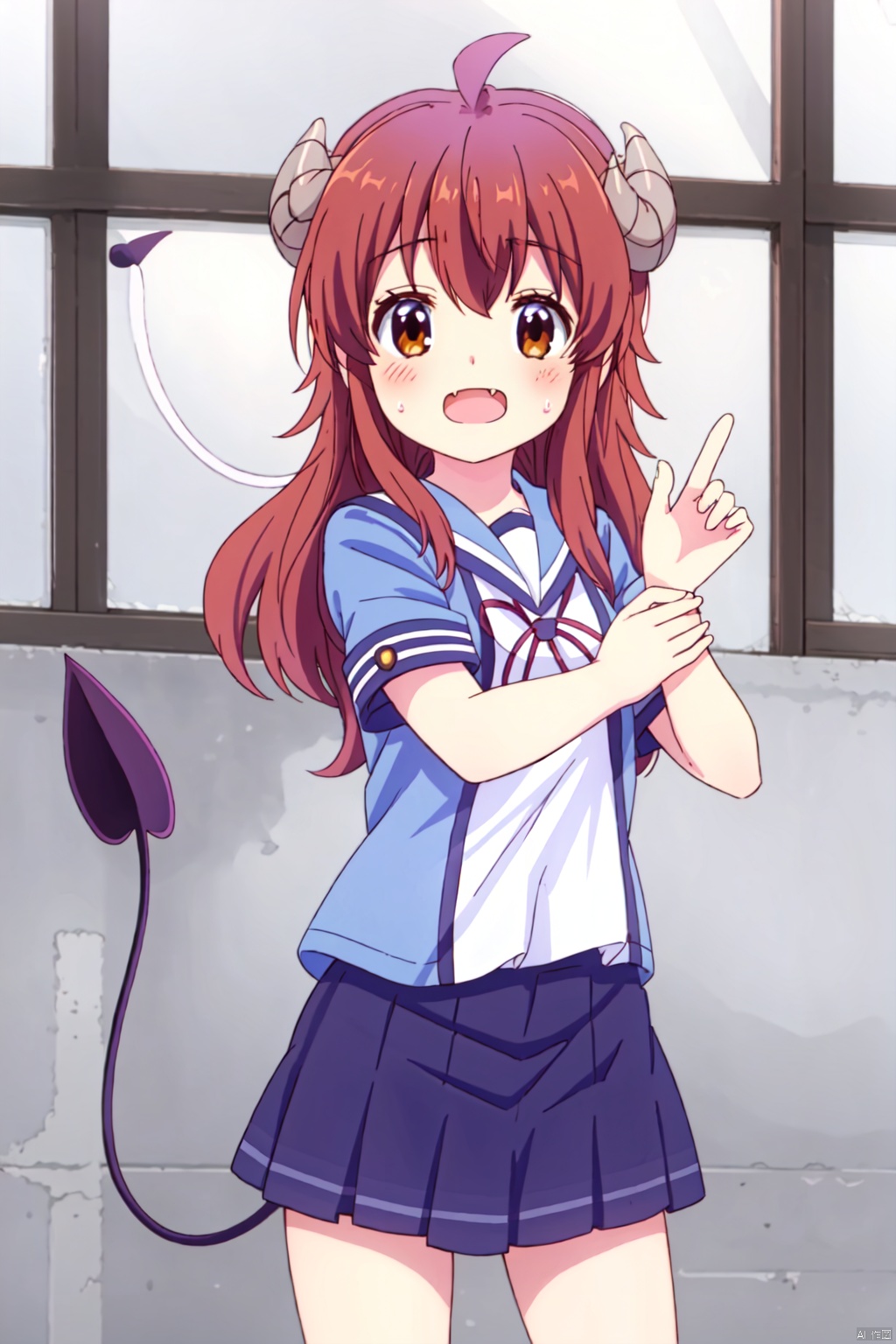 1girl ,solo ,long hair, looking at viewer, blush, open mouth, brown hair ,brown eyes, school uniform ,tail ,ahoge horns, fang, demon girl ,demon horns, demon tail ,yoshida yuuko \(machikado mazoku\),index finger raised