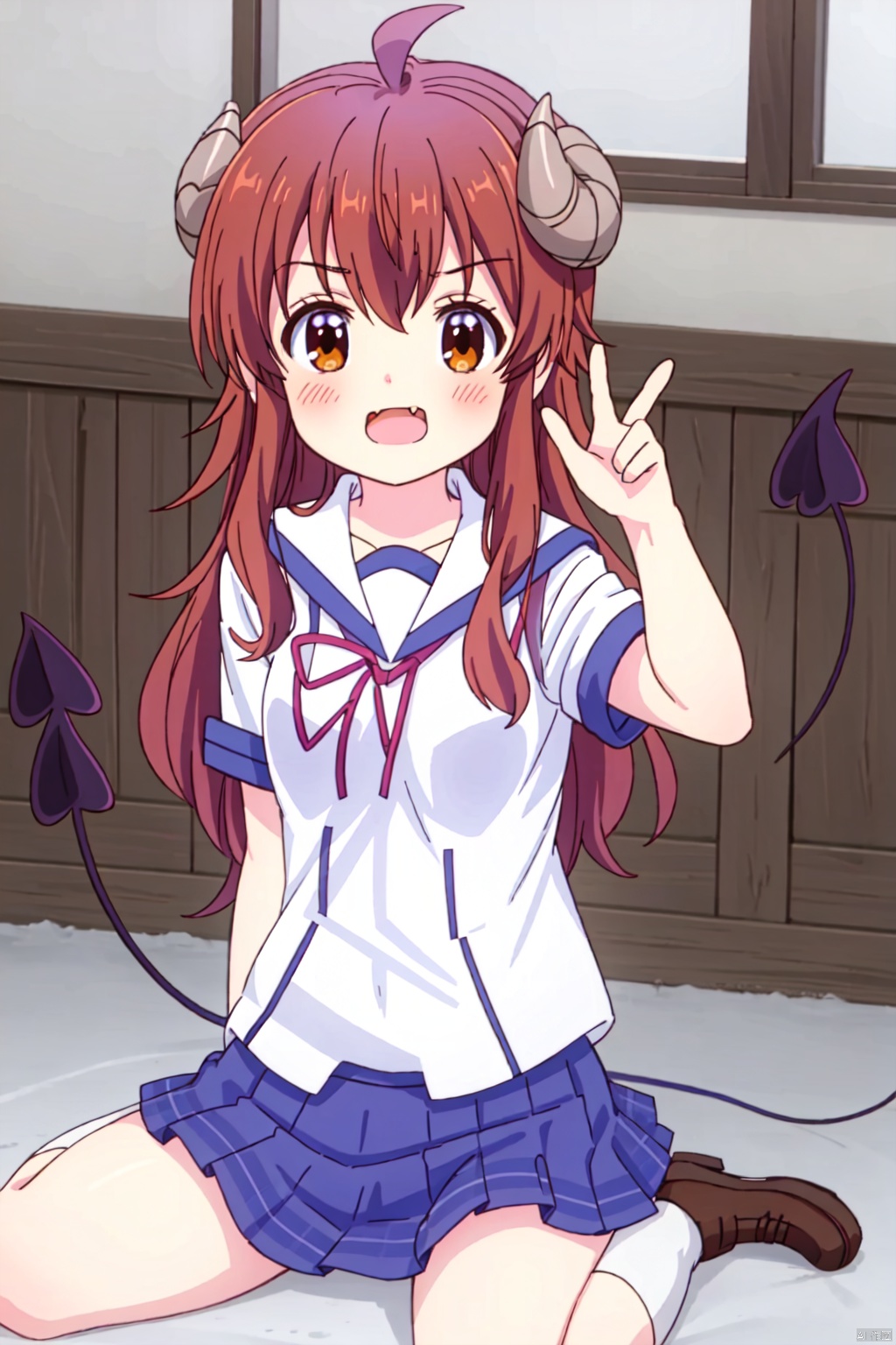 1girl ,solo ,long hair, looking at viewer, blush, open mouth, brown hair ,brown eyes, school uniform ,tail ,ahoge horns, fang, demon girl ,demon horns, demon tail ,yoshida yuuko \(machikado mazoku\),index finger raised,wariza/w-sitting