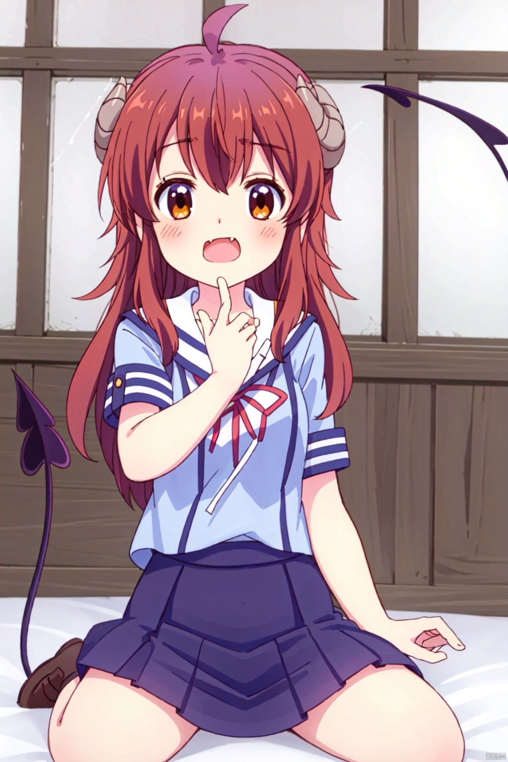 1girl ,solo ,long hair, looking at viewer, blush, open mouth, brown hair ,brown eyes, school uniform ,tail ,ahoge horns, fang, demon girl ,demon horns, demon tail ,yoshida yuuko \(machikado mazoku\),index finger raised,wariza/w-sitting