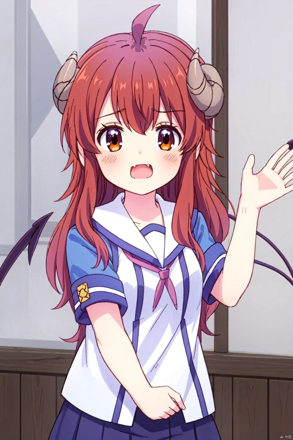 1girl solo long hair looking at viewer blush open mouth brown hair brown eyes school uniform tail ahoge horns fang demon girl demon horns demon tail yoshida yuuko \(machikado mazoku\)
