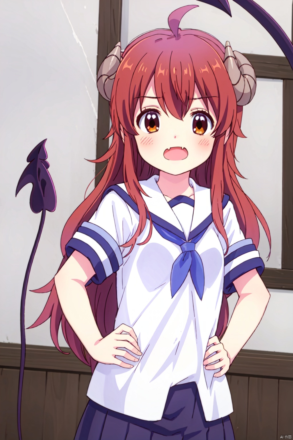1girl ,solo ,long hair, looking at viewer, blush, open mouth, brown hair ,brown eyes, school uniform ,tail ,ahoge horns, fang, demon girl ,demon horns, demon tail ,yoshida yuuko \(machikado mazoku\),hand_on_hip, 