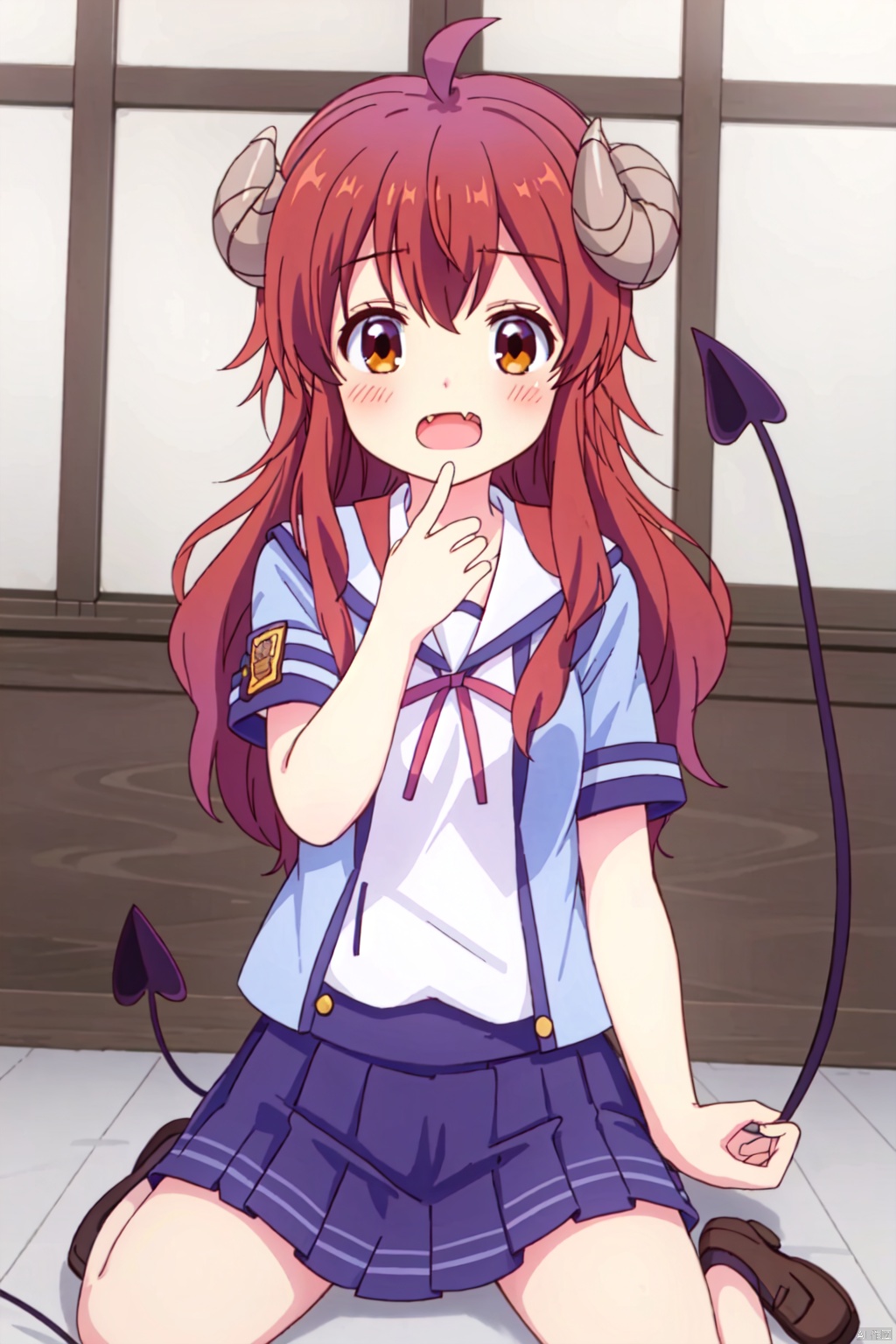 1girl ,solo ,long hair, looking at viewer, blush, open mouth, brown hair ,brown eyes, school uniform ,tail ,ahoge horns, fang, demon girl ,demon horns, demon tail ,yoshida yuuko \(machikado mazoku\),index finger raised,wariza/w-sitting
