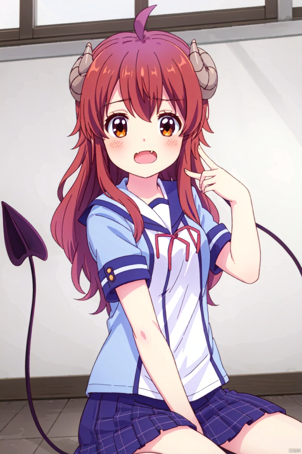 1girl ,solo ,long hair, looking at viewer, blush, open mouth, brown hair ,brown eyes, school uniform ,tail ,ahoge horns, fang, demon girl ,demon horns, demon tail ,yoshida yuuko \(machikado mazoku\),index finger raised,wariza/w-sitting
