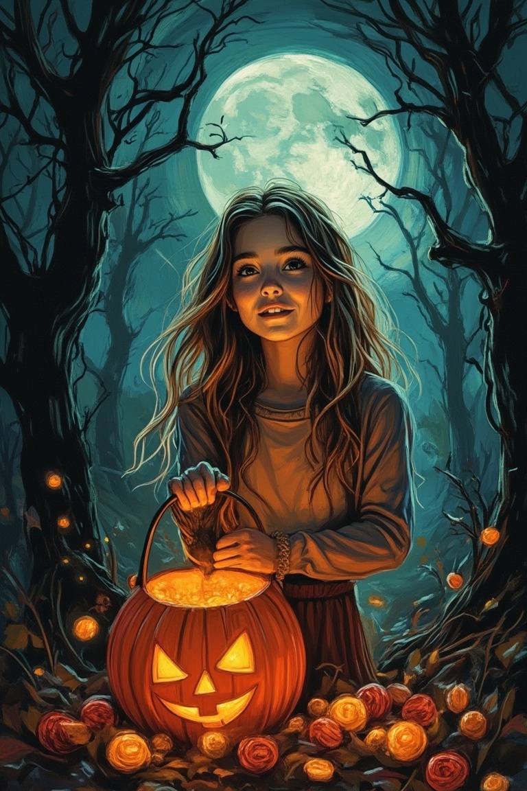 A spooky art drawing of a girl surrounded by candy,  holding a Halloween bucket. She stands in a dimly lit,  eerie forest...