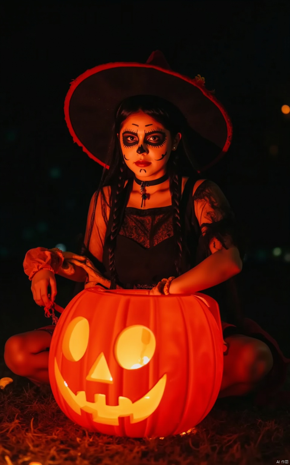 Halloween makeup,a girl sitting on a pumpkin lantern with her legs crossed and wearing a witch's hat,a grim expression,a full-body photo,