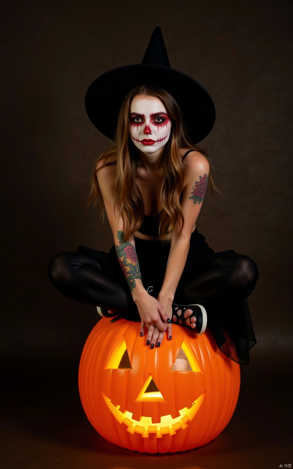 Halloween makeup,a girl sitting on a pumpkin lantern with her legs crossed and wearing a witch's hat,a grim expression,a full-body photo,