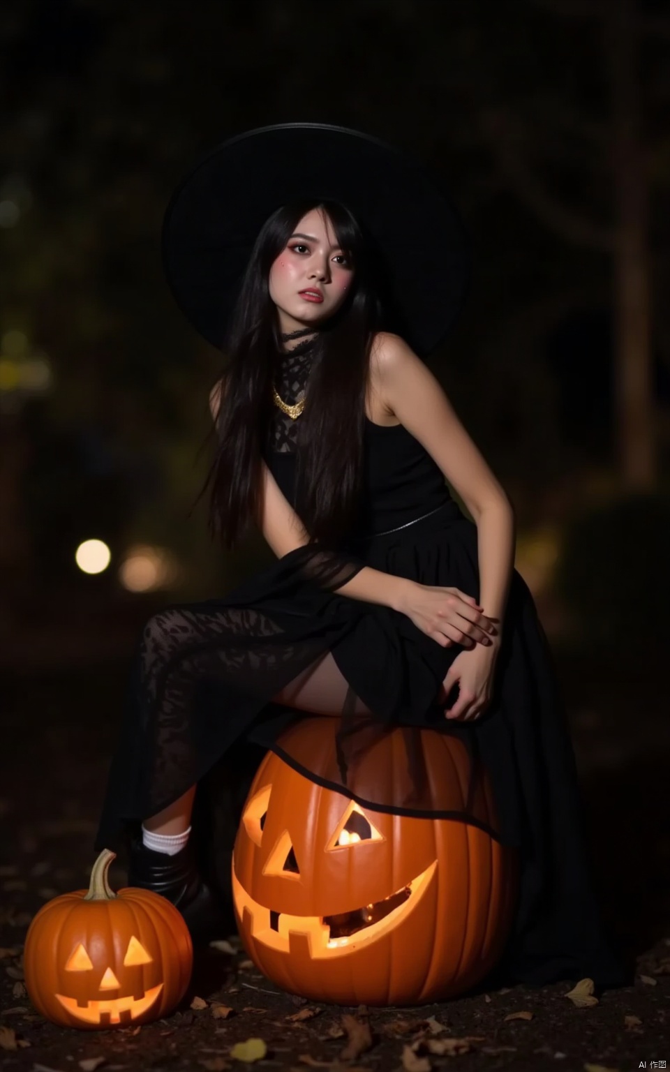 Halloween makeup,a girl sitting on a pumpkin lantern with her legs crossed and wearing a witch's hat,a grim expression,a full-body photo,