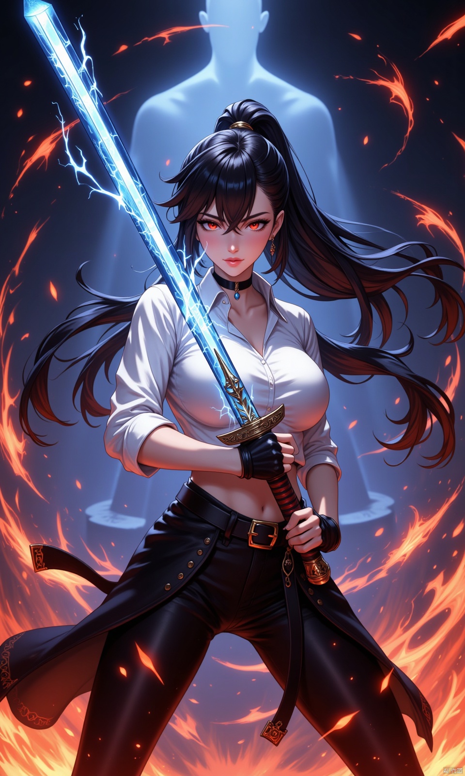 A beautiful female warrior in black pants and a white blouse wields a katana with flashing blue electricity at the audience. 
Sparks, embers, and electricity erupt around her in a dim and blurry background, and swirls of dark red magic explode and fly in response. Anime Style, 
She has a long black ponytail and angled bangs that hide the glow of her red eyes.
High contrast and saturated colors. The cool colors of the character's body and the warm colors of the background create a strong visual impact.