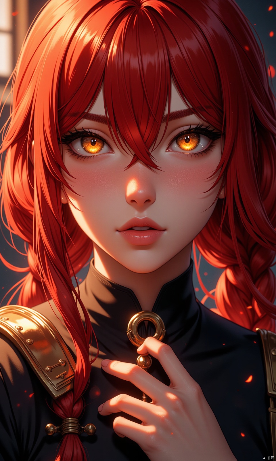 Create an ultra-realistic, photorealistic image of a stunning anime portrait of a red-haired girl with intense yellow eyes, showcasing intricate hand details and braided hair. Capture her in a close-up view, dressed in dark clothing with strong light and shadow contrasts accentuating her features. Her 17-year-old face should be rendered with perfect skin texture, realistic pores, and subtle facial expressions. The background should be equally detailed, with vibrant colors and dynamic particles swirling around her, as if taken by a Sony Alpha 7R IV camera with a Zeiss Otus 85mm F1.4 lens, ISO 100, shutter speed 1/400, resulting in a vivid picture with an analog feel.