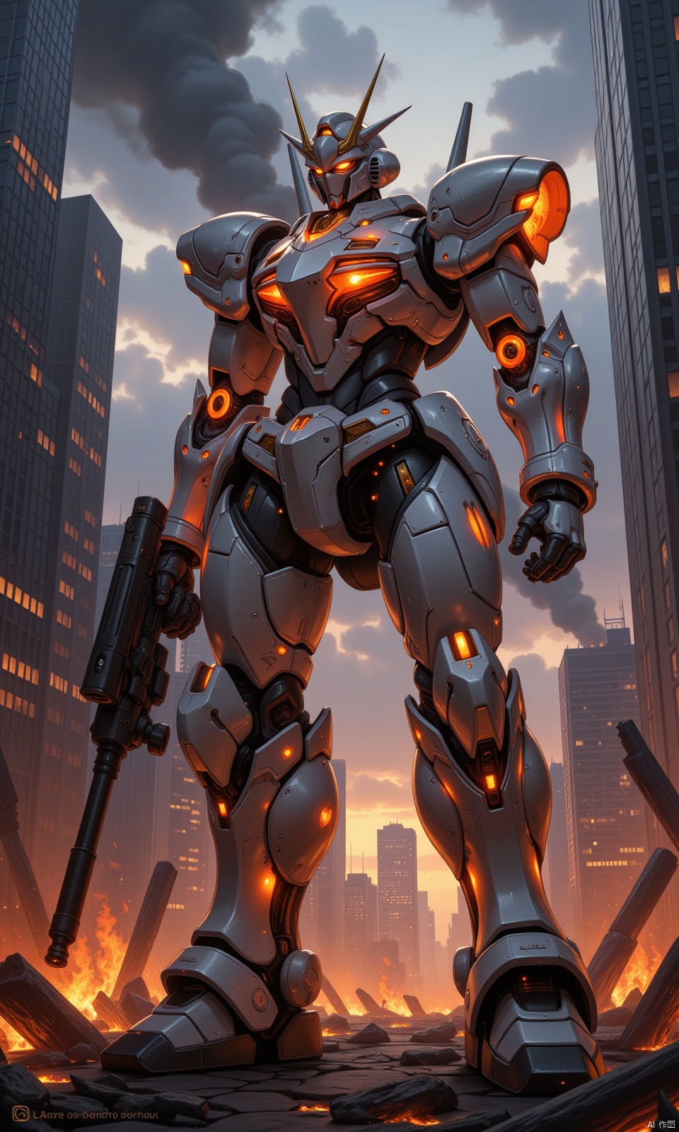 A masterpiece of destruction: A Vital Suit stands tall amidst the smoldering ruins of a cityscape, its complex mechanical structure glowing with an orange and white luminescence against the cloudy evening sky. The mecha's powerful body holds a massive gun at the ready, surrounded by the towering skyscrapers of the city. Smoke billows into the air as the skyline is ravaged by the chaos. In this apocalyptic landscape, there are no humans, only the mighty giant mecha, its presence both awe-inspiring and unsettling.