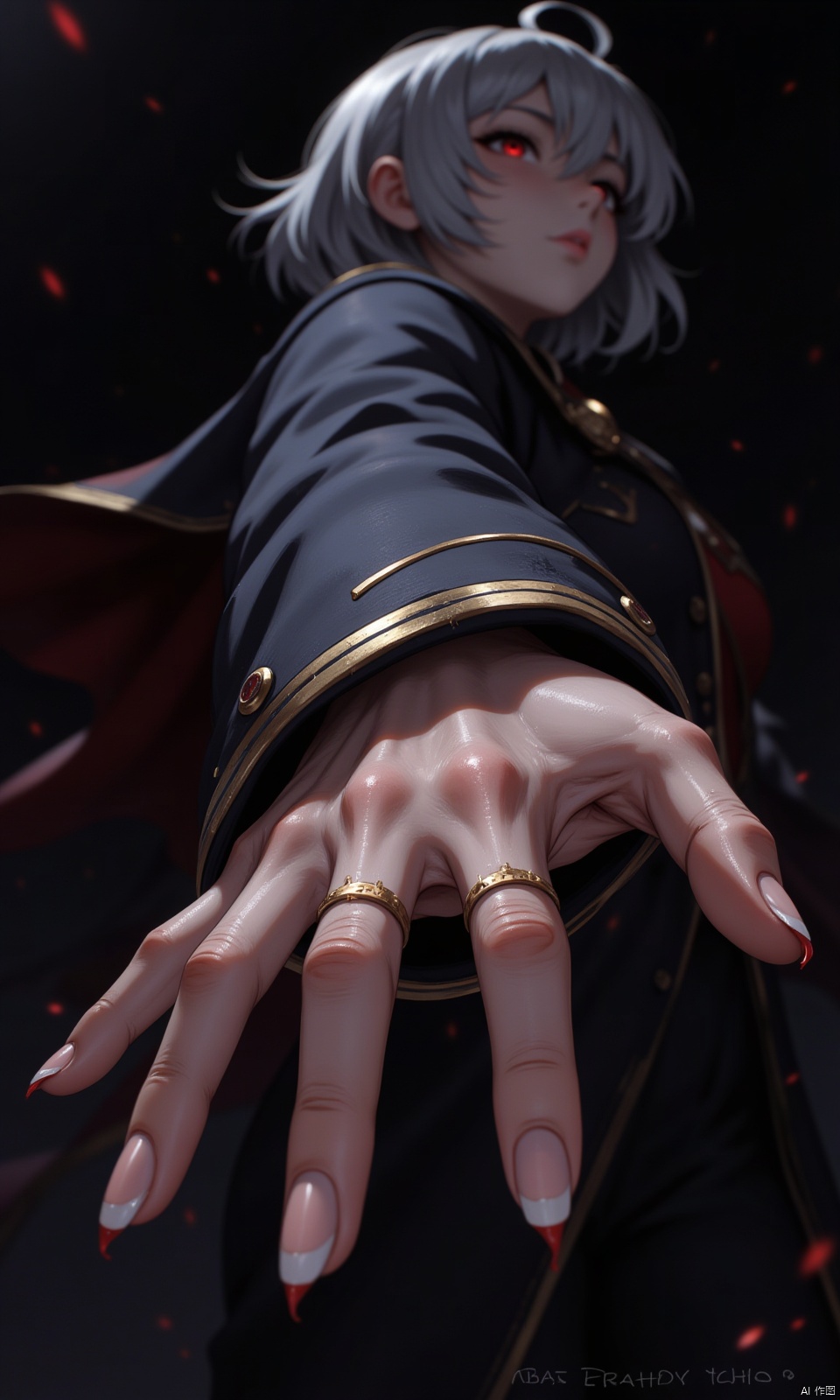 1girl,amiya \(arknights\),arknights,dirty face,outstretched hand,close-up,cinematic angle,foreshortening,dark,dark background,masterpiece,best quality,realistic anime art style,