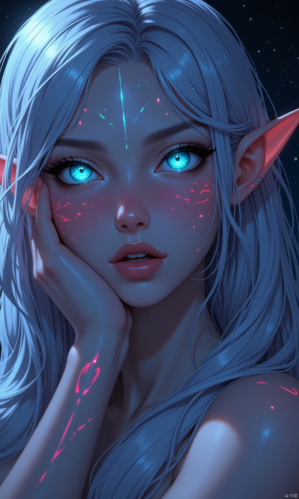 Create a close-up image of a fantasy elf’s face. Her skin glows with a soft, ethereal light and is adorned with neon tattoos that cover her face in intricate patterns. The tattoos emit a magical glow that illuminates her delicate features. Her eyes are large and bright, subtly changing between shades of blue and green, as if holding an ocean within them. Her long, silver hair frames her face, adding a touch of magic to the scene. The background features a starry sky that enhances the dreamy atmosphere , fantasy art, detail eyes, magic eyes, anime style