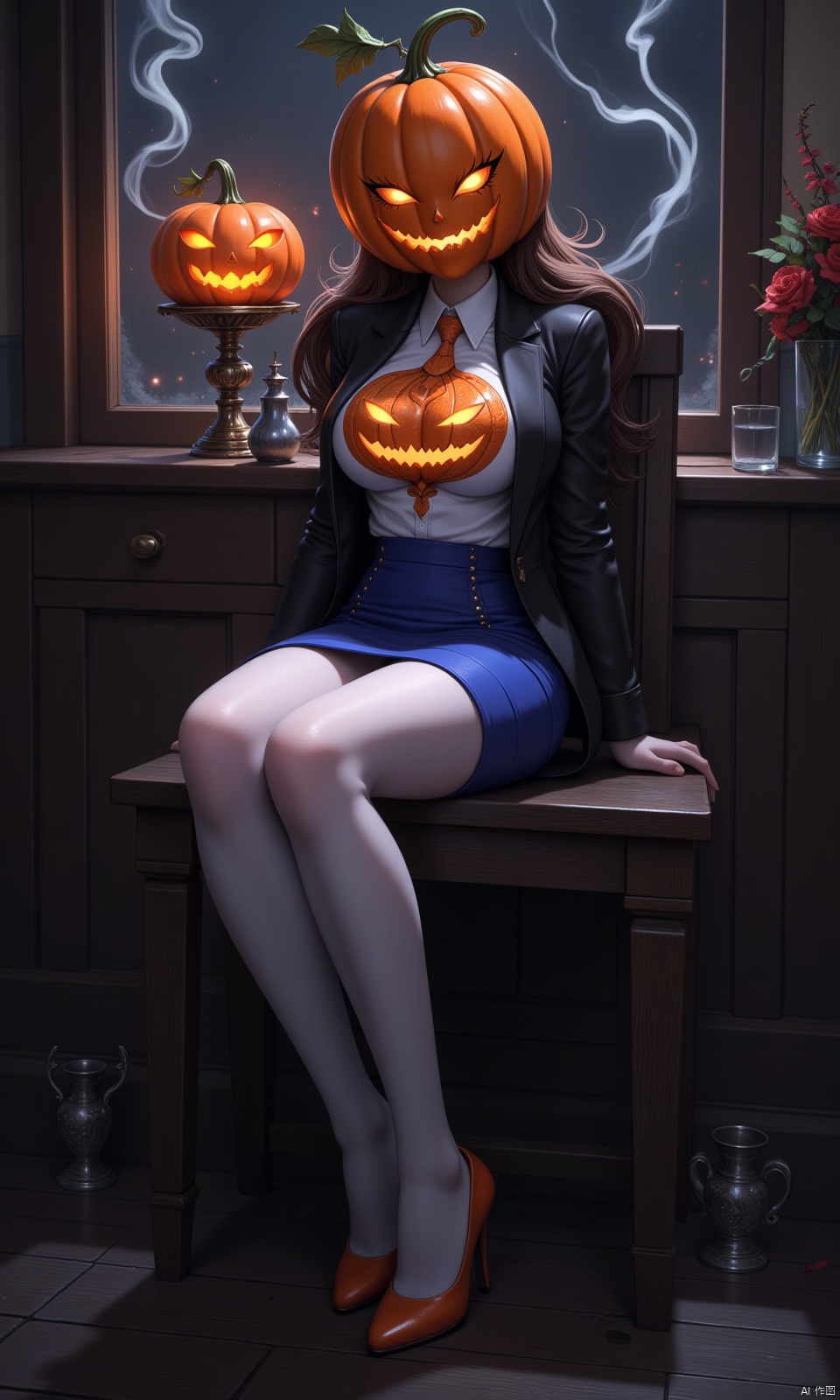 Pumpkinhead Girl,  a masterpiece of CG,  sits solo in a dimly lit indoor setting with a blue pencil skirt and white pantyh...
