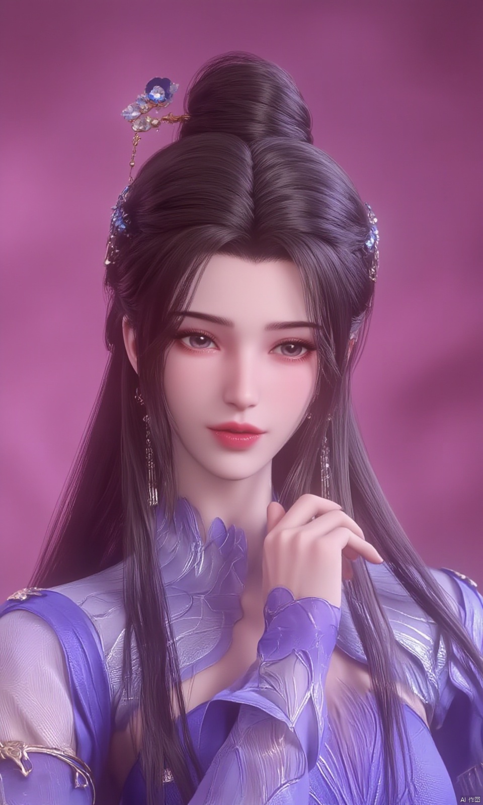 A photorealistic full-body portrait of a stunning 21yo hubggirl with perfect hands. She wears a vibrant purple sweater and double braids adorned with tiny earrings. Her shoulder-length purple hair is styled in intricate braids that cascade down her back. Her eyes are a deep, rich purple, framed by thick eyelashes and subtle makeup. A bold red lip color adds a pop of brightness to the overall gradient background, which transitions seamlessly from pink to purple. The subject's gaze is direct, with a hint of sassiness as she wears a trendy hat and sports a confident smile. Shut up, indeed!