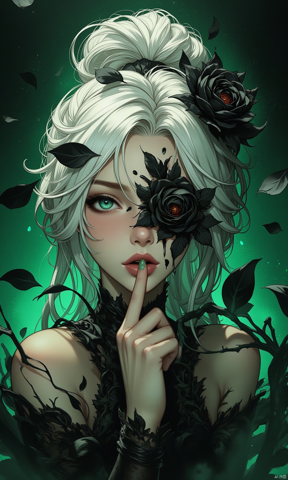 watercolor style,An Acrylic style painting that is expressive,gives it a dynamic and emotional quality. Anime art of a stylized portrait of a woman with a ethereal black and green mist surrounding her body. The mist creates a dramatic and surreal effect. A black flower,that is blooming,covering one eye,attached to the face. The woman has a cold aesthetic,complimented by her white hair. Anime art of woman draped in shadows with a lighting that enhances her unique features. The background is dark green,filled with black rose petals. Holding finger to lips,shush,shushing motion,.,Winslow Homer style,