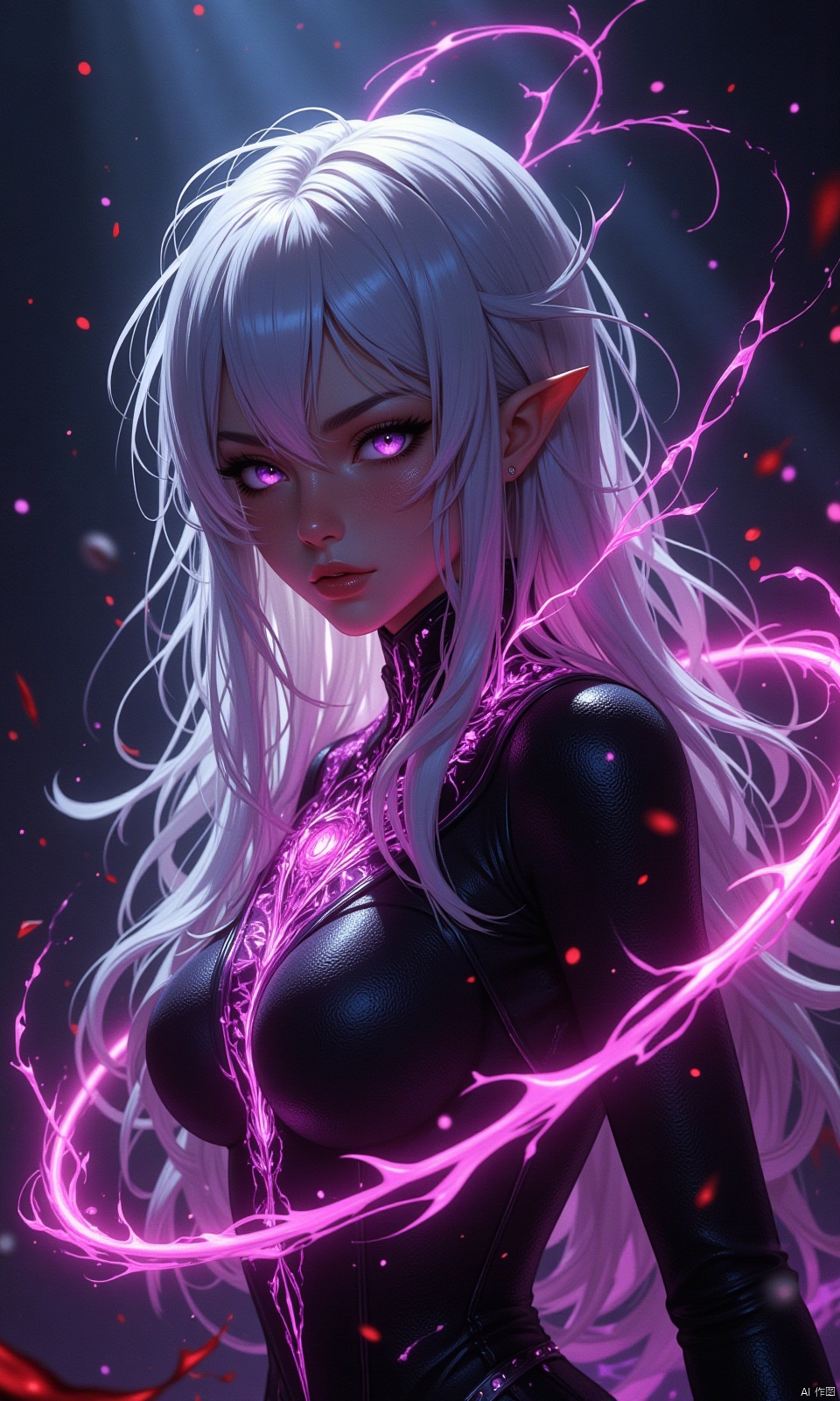 A masterfully crafted masterpiece, bathed in cinematic light, showcases a lone, ethereal beauty hubggirl with snow-white locks cascading between her piercing purple eyes. Her sharp features are illuminated by an extremely delicate and beautiful glow, casting a warm contrast against the dark fantasy background. Swirling black particles dance around her, as if conjured from the very fabric of magic. A dynamic angle captures her profile, with blood splatter and shattered glass fragments scattered, while a glowing magic circle surrounds her, drawing the viewer's gaze into this hyper-detailed, high-contrast world.