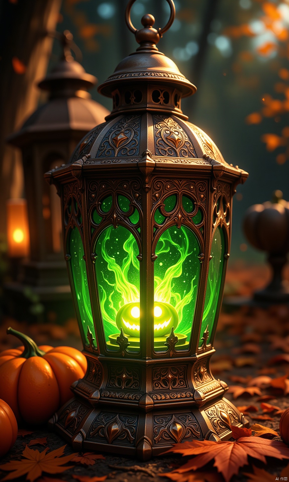 A warm and eerie glow emanates from a vintage-style lantern crafted with gleaming crystal material, as the soft flicker of a burning flame within illuminates the intricate carvings on its surface. The air is thick with the mystical ambiance of Halloween, as a radiant green light emanates from the lantern's glowing pumpkin centerpiece, casting an otherworldly glow amidst the autumnal foliage.