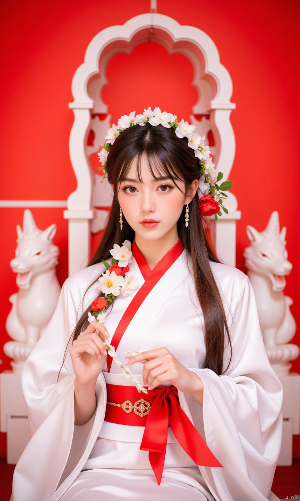 a medium-sized Asian woman, dressed in a white kimono adorned with a red ribbon tied around her waist, adorned with flowers. Her hair is long and cascades over her shoulders, adding a touch of beauty to her face. She is adorned with earrings, a headband adorned with white flowers, and a matching red ribbon. The backdrop is a vibrant red, with a white archway behind her, creating a striking contrast.