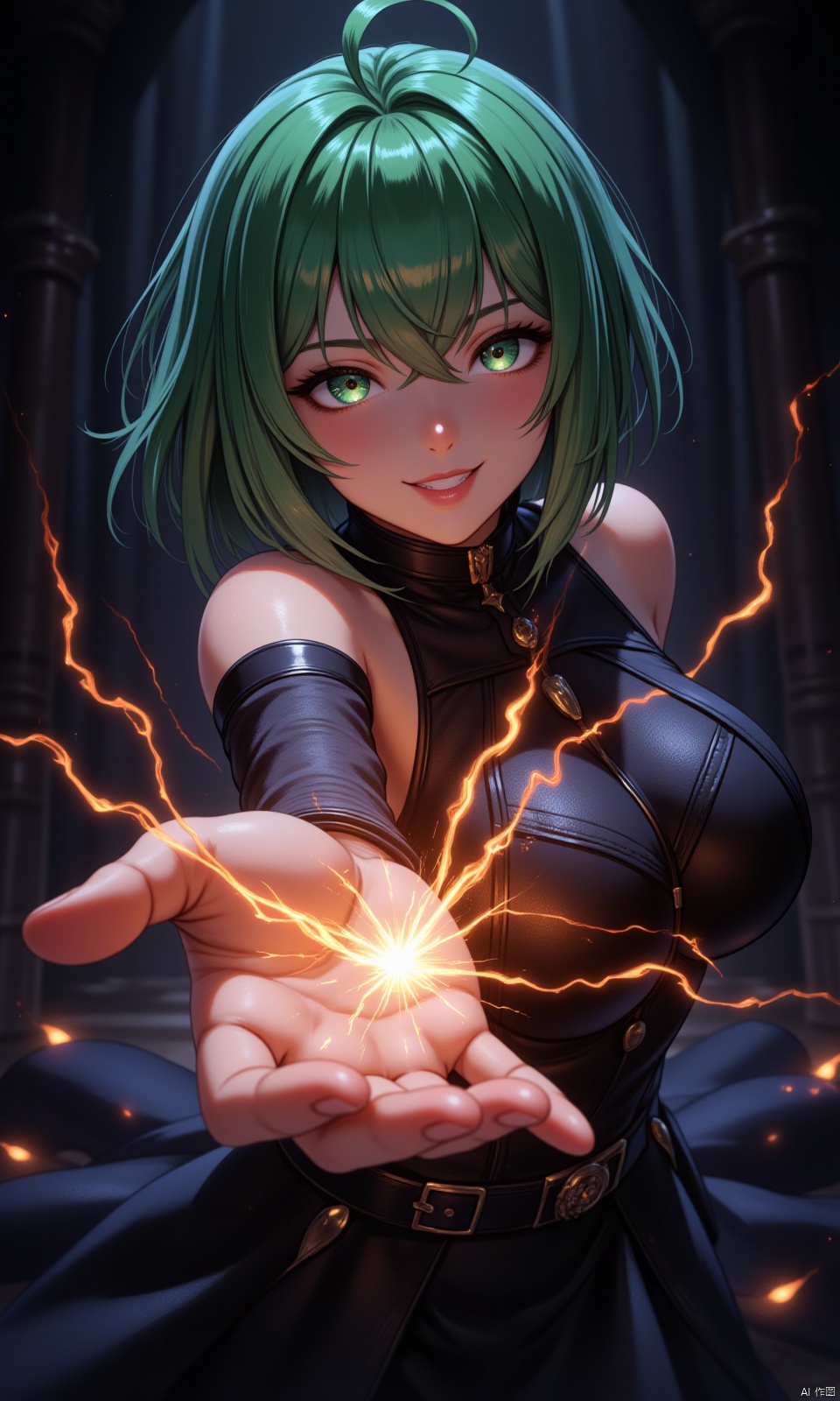 Against a dark, mysterious background, the green-haired hubggirl gazes at the viewer with a smile on her face. Her left hand reaches out to the viewer in the frame, with electricity and fire in her palm. Close-ups emphasize the texture of her skin, while the front and back of the image create a strong sense of layering. The realistic anime art style brings this haunting scene to life in the best quality.