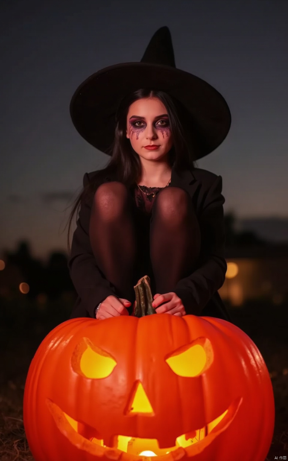 Halloween makeup,a girl sitting on a pumpkin lantern with her legs crossed and wearing a witch's hat,a grim expression,a full-body photo,